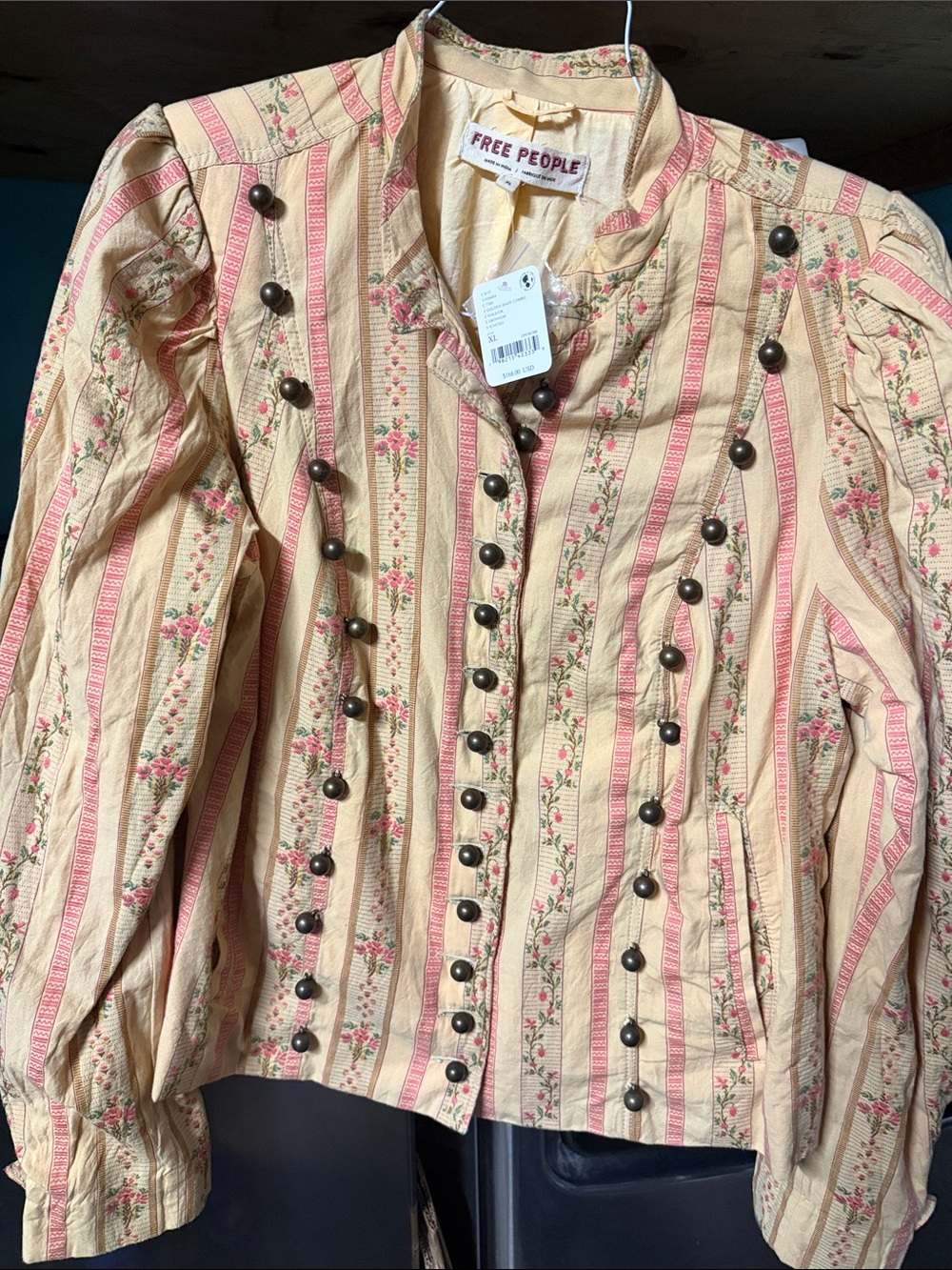 Free People Pink and Beige Floral Stripe Button Jacket